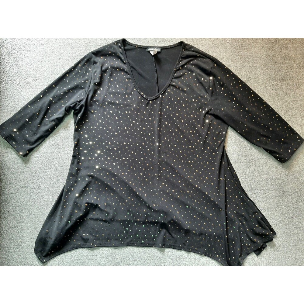 Double Take Womens 1X Blouse 3/4 Sleeve Black Sequins Vintage Made in USA Top